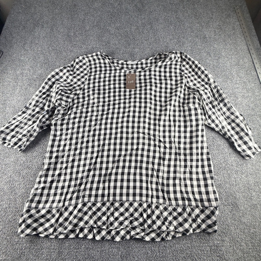 J. Jill Black White Gingham 3/4 Sleeve Ruffle Hem Top XL 720939 NKHXL 1408